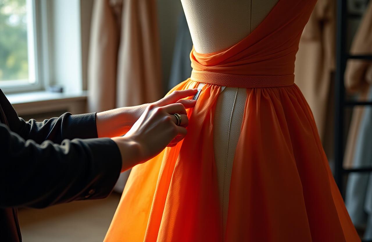 Bespoke garment being measured on a mannequin in a sunlit studio